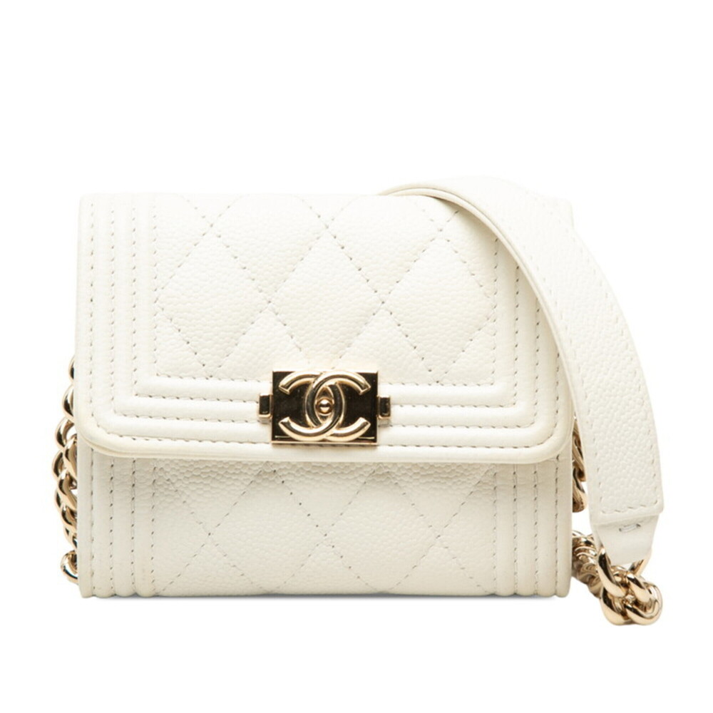 Chanel Matelassé Coco Mark Boy Crossbody Wallet Chain Shoulder Bag White Cavi...